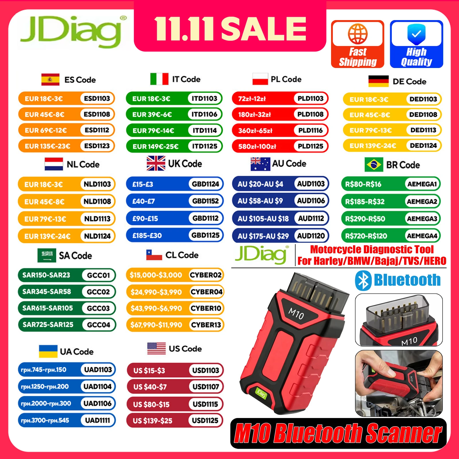 JDiag M10 Diagnostic Scanner For BMW/Harley/KTM/DUCATI Motorcycles Diagnostic Tool Codes Read Key matching MOTO OBD2 Scanner