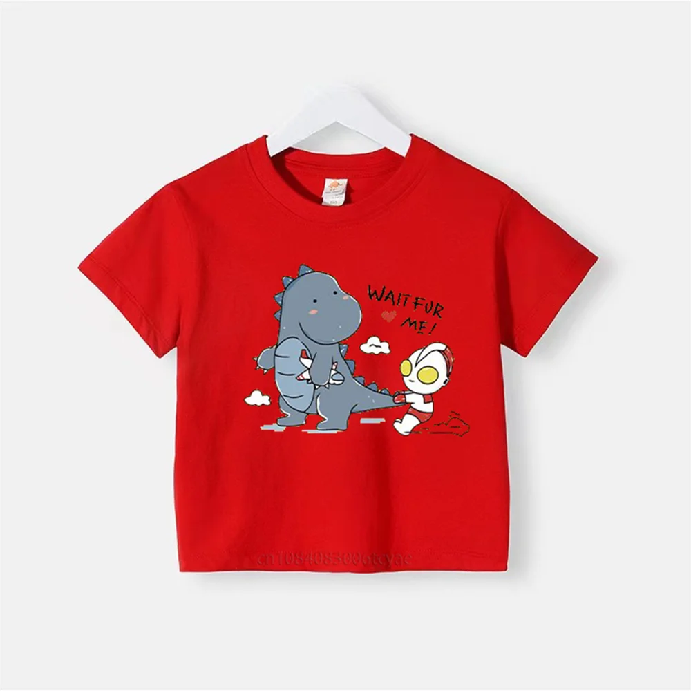 Summer boys cotton printed T-shirt cute baby girl round neck fashion short sleeve children\'s anime Ultraman fight monster top