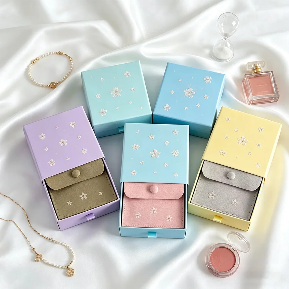 

Custom Logo 50set 7x9x3cm Paper Earrings Drawer BoxesCardboard Jewelry Packaging Case Inside 6x6cm Microfiber Snap Button Bags