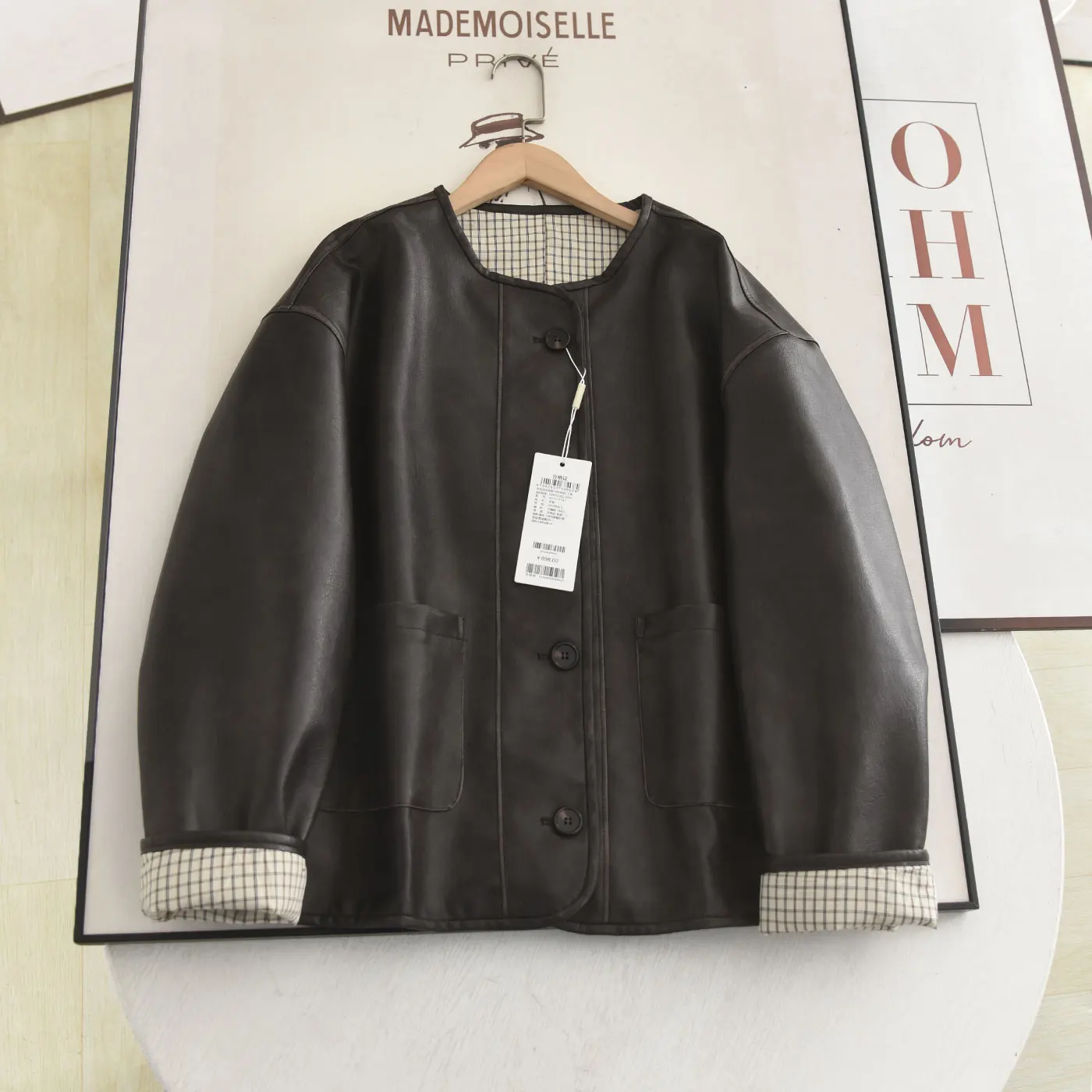 Casual Loose PU Leather Jaet Women's Spring 2026 round Ne Design Slimming Outerwear Faionable Ladies ort Coat