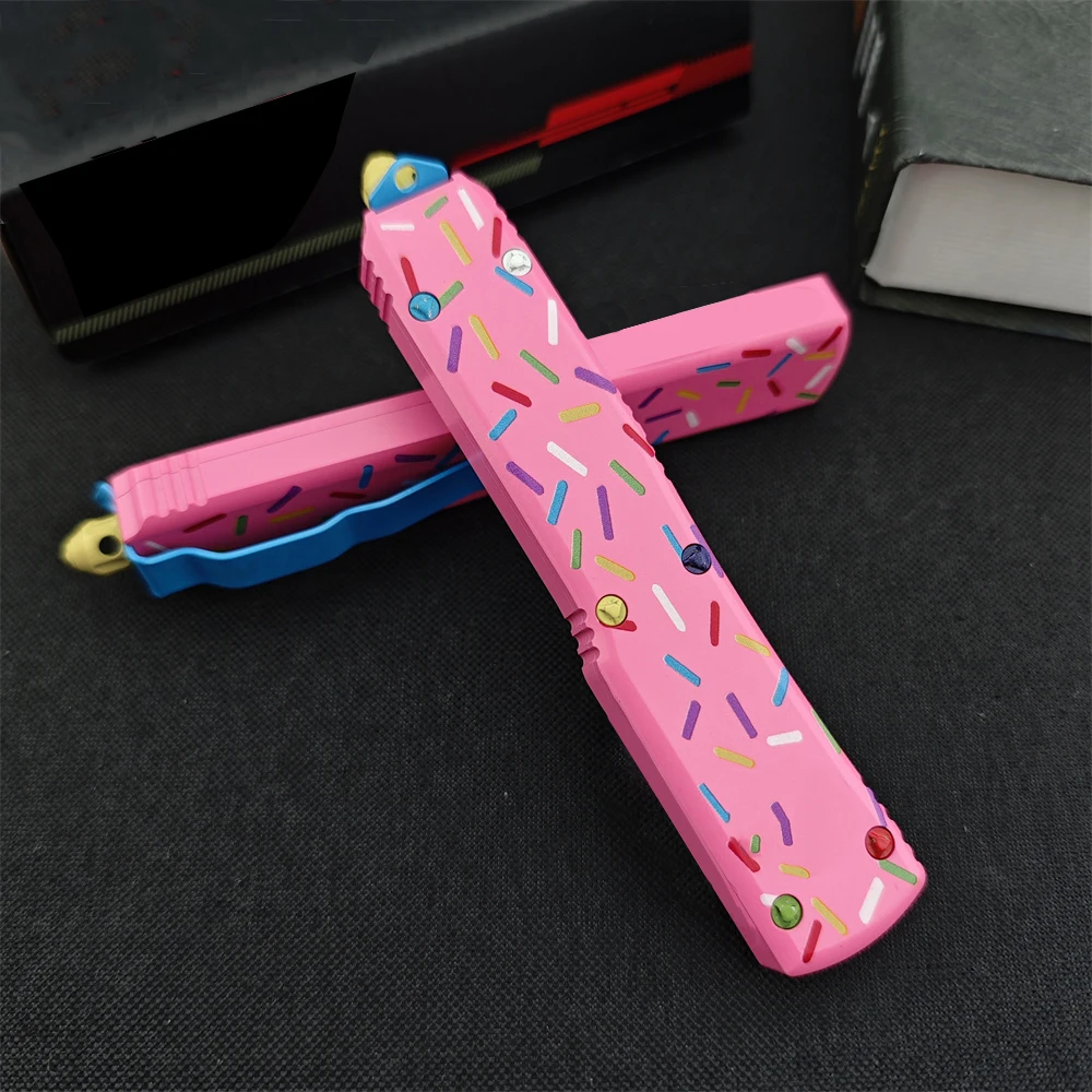 

Outdoor Tactical Folding Knife 3.46 Inch D2 Blade T6 Aluminum Pink Donut Handle Deep Pocket Clip EDC Camping Hiking Hunting Tool