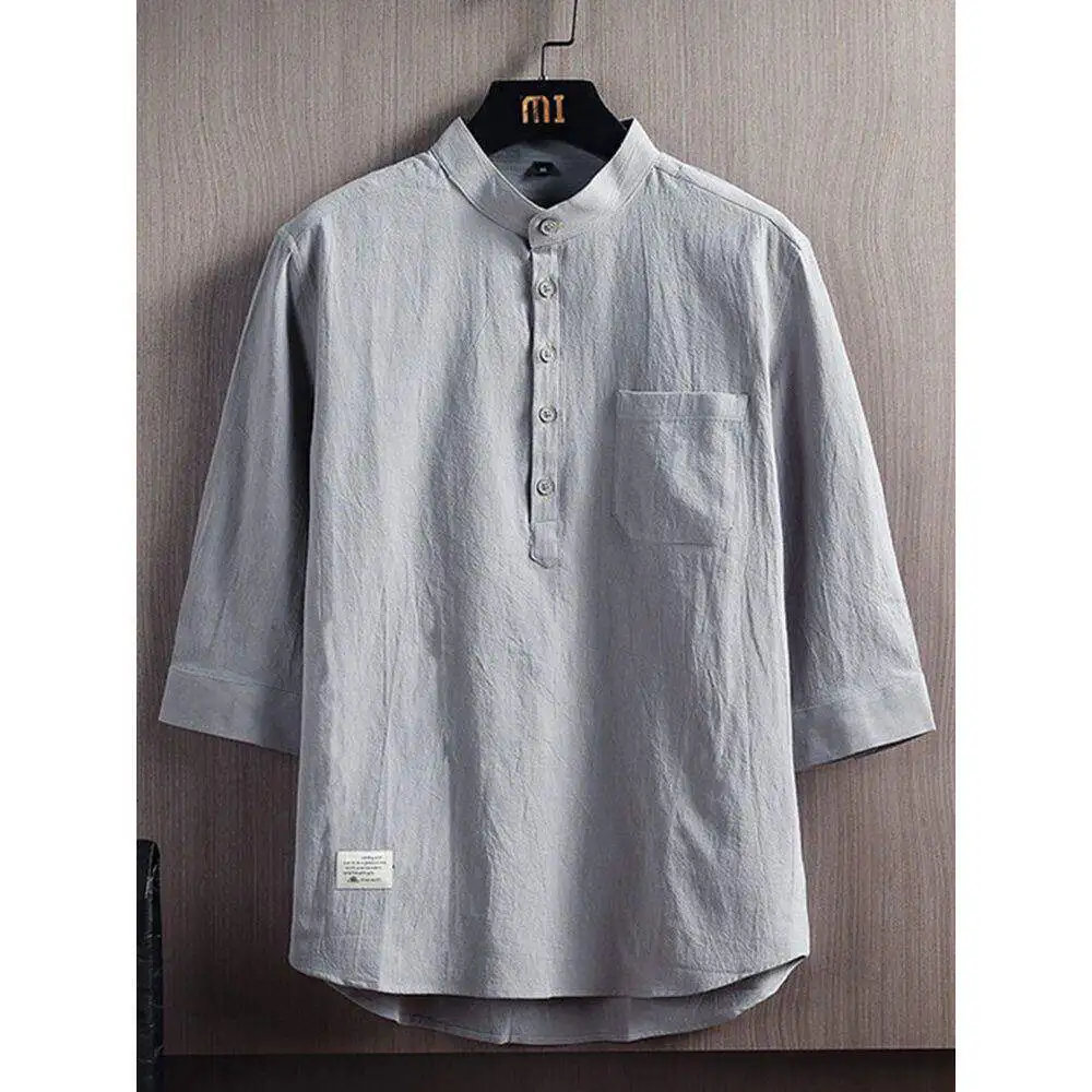 

Loose Fit Linen Cotton Shirt Men's Stand Collar Casual Seven Sleeve Pure Cotton Outerwear City Walk Spring Season Clean Fit