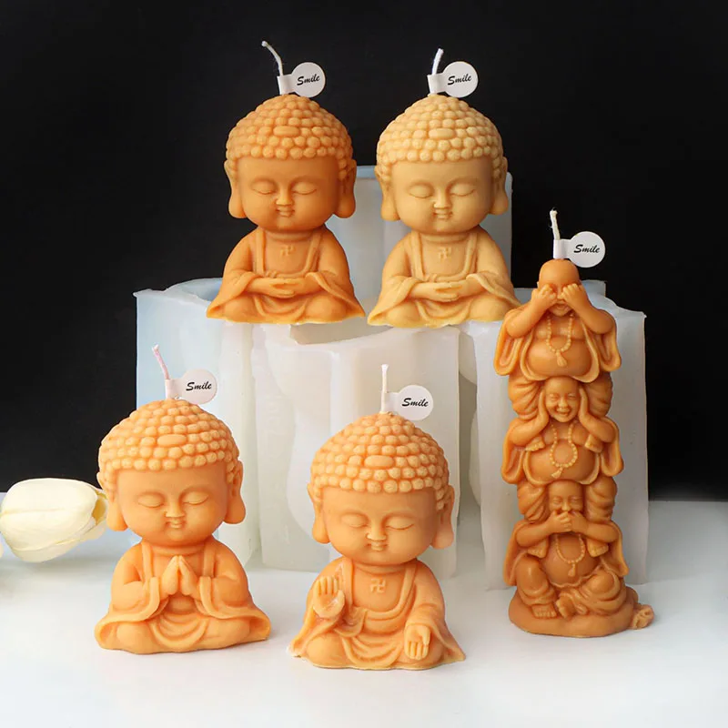 Cute Cartoon Buddha Candle Silicone Mold 3D Praying Buddha Statue Plaster Candle Resin Making Mould Religious Decor Craft Gifts