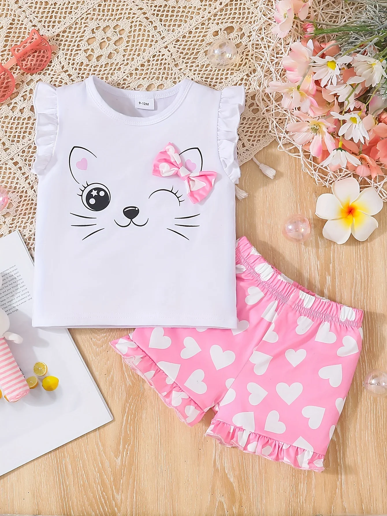 

Summer Infant Daily Wear Clothes Set Cute Sleeveless Pussycat Top+Heart-Shaped Shorts 2PCS Outfits for 1-3Years Toddler Girl