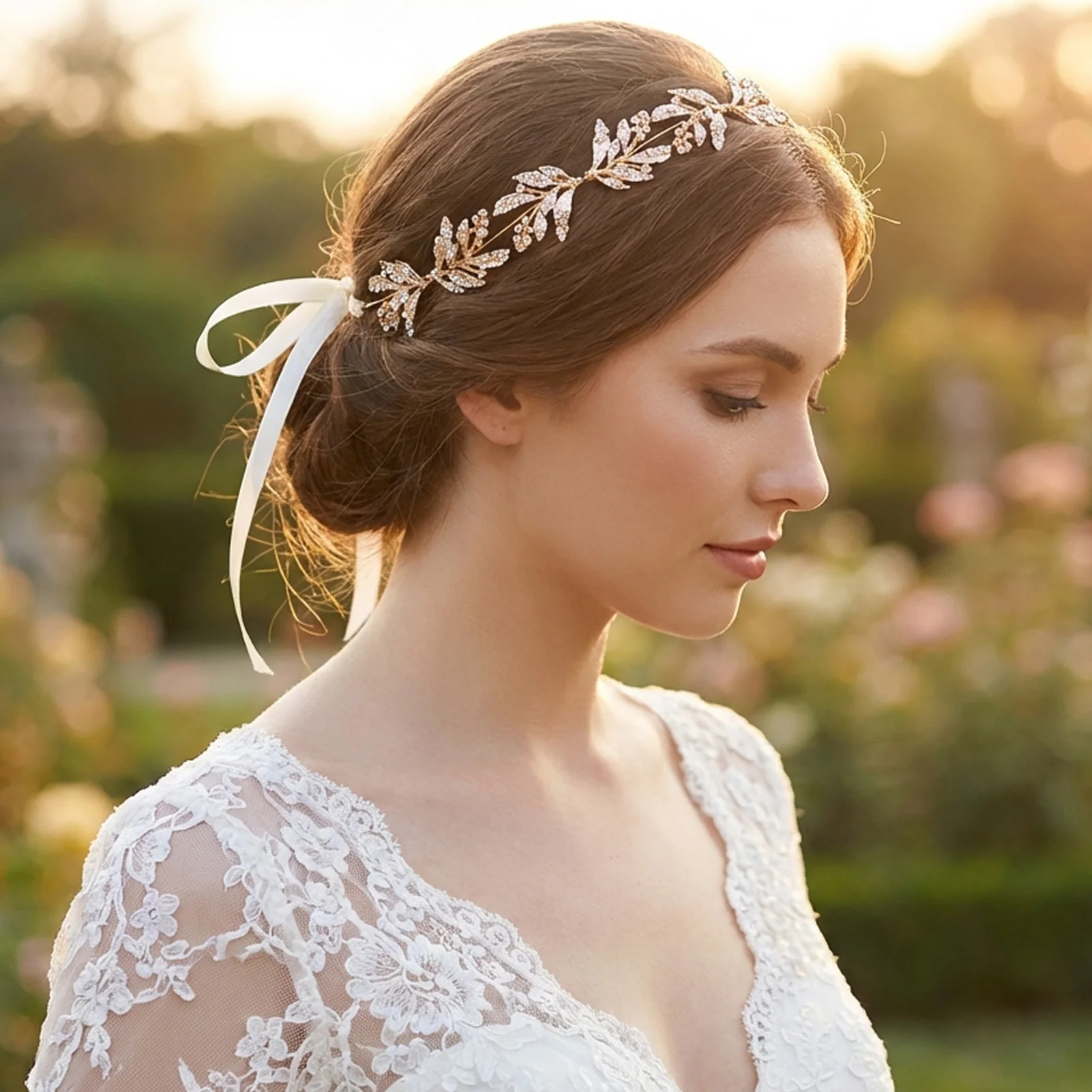 

Crystal Rhinestone Hairband With Golden Leaf Design For Wedding Party