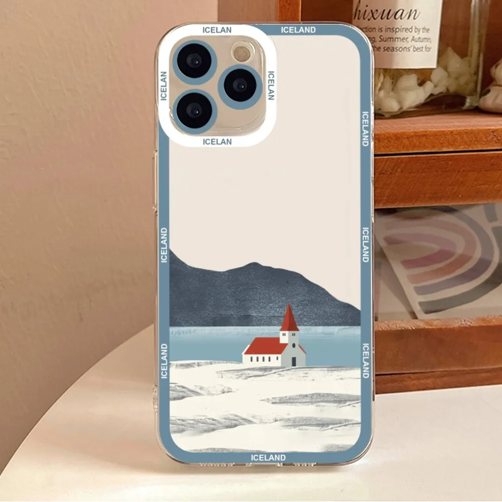 Iceland Mountain Sea House Illustration Phone Case For iPhone 11 12 Mini 13 14 Pro Max Transparent Shell