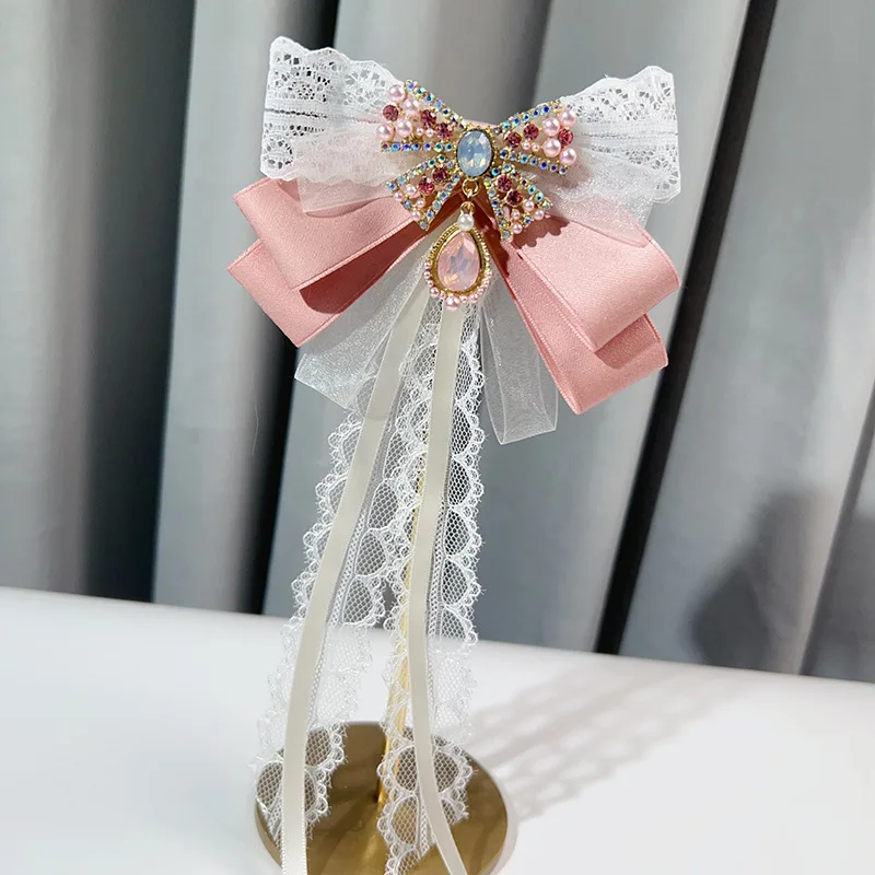 

Korean Fresh Sweet Lolita Lace Bow Sailor Suit Doll Tie Women's Luxury Rhinestone Pearl Brooch Collar Flowers Handmade Jewelry