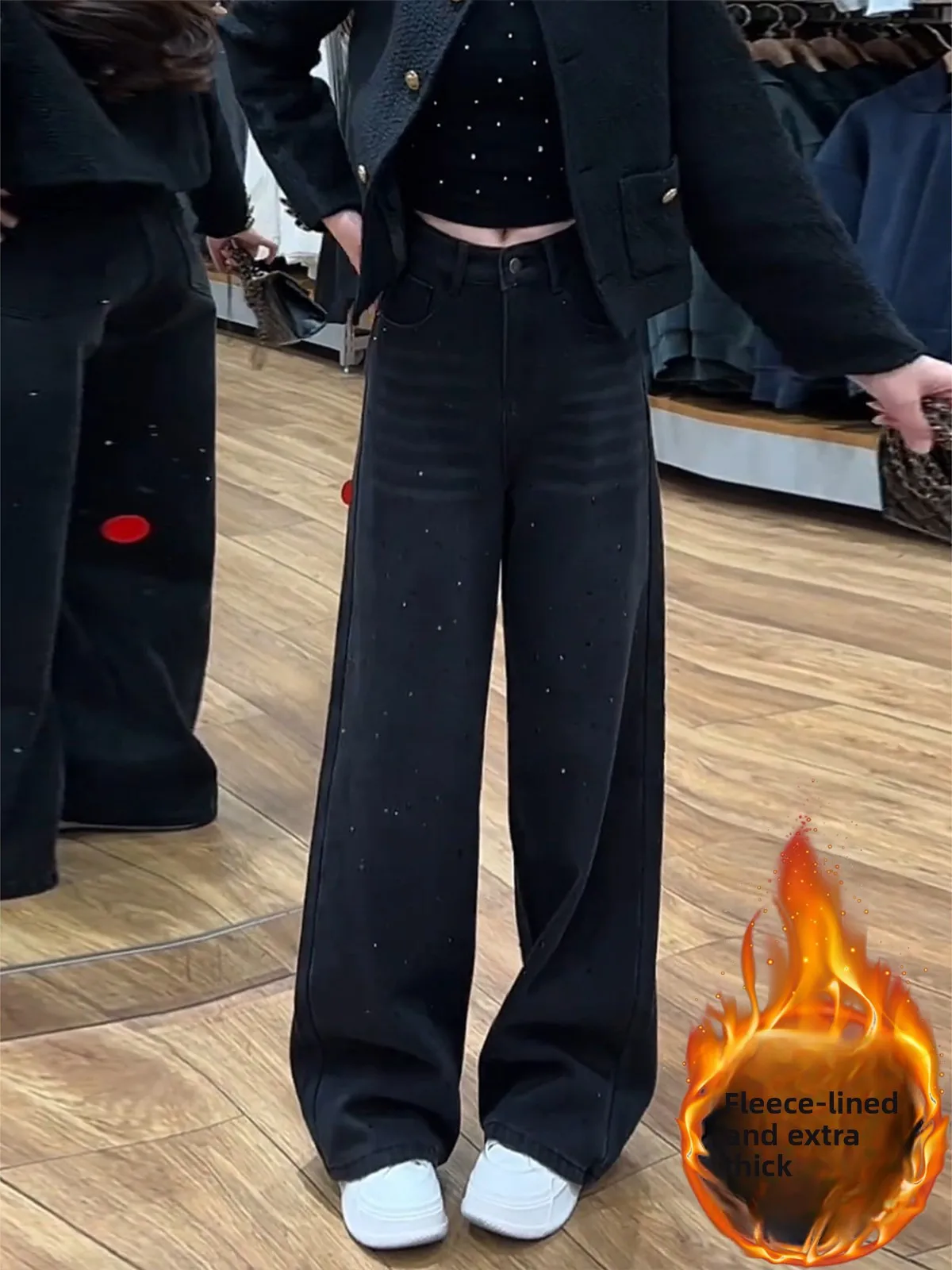 

Джинсы женские с высокой талией, на подкладке, широкие штанины, весенние, новые, стройнящие, прямого кроя, с дизайном из страз, повседневные, с высокой талией