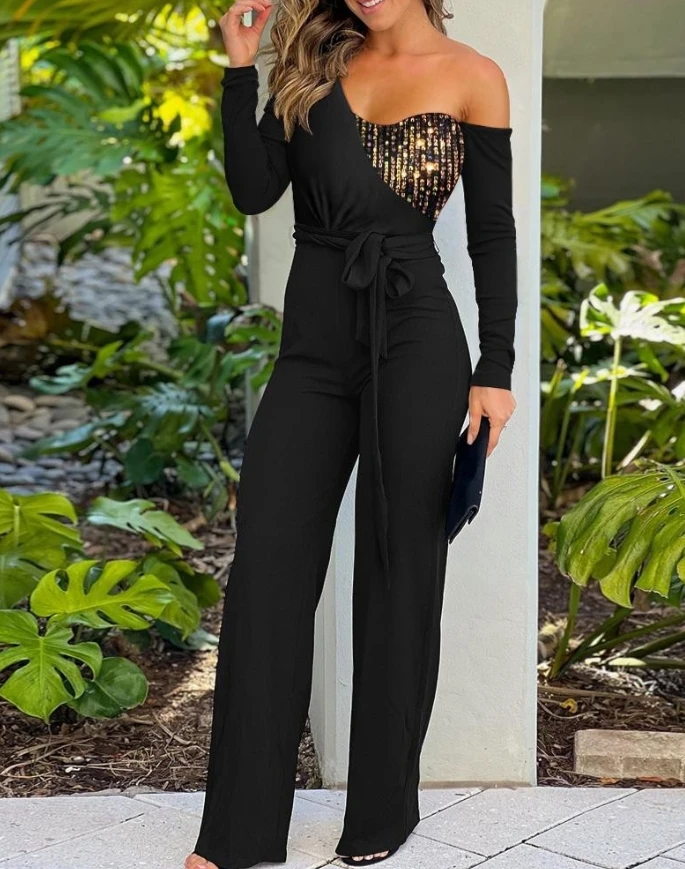 Women's Contrast Sequin Elegant Jumpsuits Female New Fashion One Shoulder Long Sleeve Jumpsuit Casual Lace-Up Wide Leg Romper