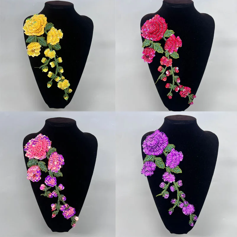 Floral vines hanging sequined roses, embroidered mesh fabric patches, garment accessories fabric patches