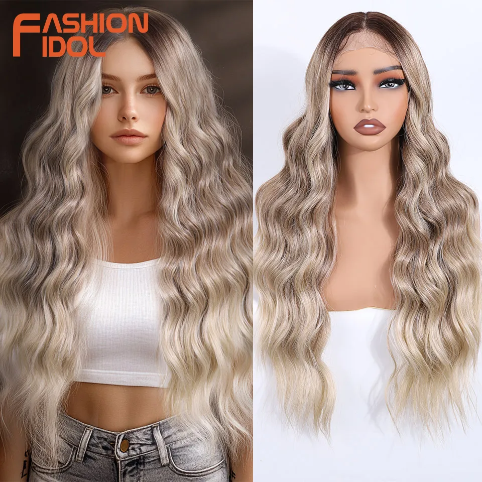 

FASHION IDOL 28 inch Synthetic Lace Front Wigs for Women Body Wave Ombre Brown Blonde Wavy Lace Wigs Cosplay Natural Hairline