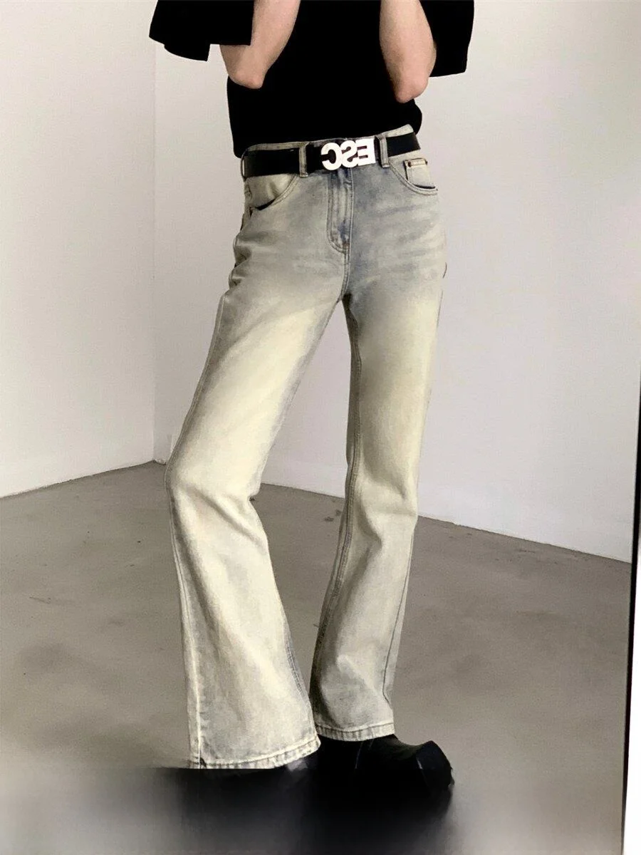 High Waist Bell Bottom Denim Jeans Men's Casual Straight Leg Jeans American Retro Washed Yellow Mud Jeans Autumn Mountain Wind