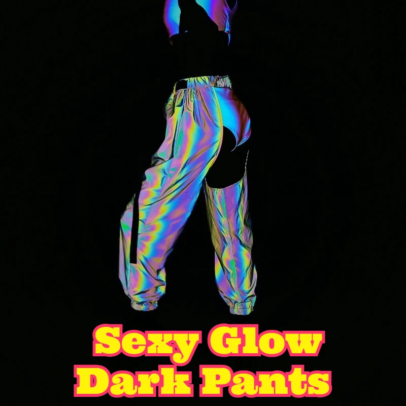 กางเกงสะท้อนแสงเซ็กซี่สำหรับผู้หญิง กางเกงจ็อกเกอร์เปิดเป้า กางเกงสะท้อนแสงโฮโลแกรม กางเกงเรืองแสงสำหรับใส่ไปคลับ แฟชั่นสตรีทแวร์