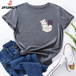 JFUNCY Women's Short Sleeve T-shirts Cat Pocket Graphic T Shirt Oversized Woman Tops Female Tshirt Summer Cotton Clothing
