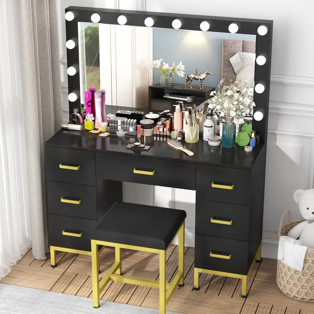 Vanity Set with Lighted Mirror, Dressing Table Makeup Vanity14PCS LED Bulbs, Cushioned Stool & 7 Drawers, Large 44