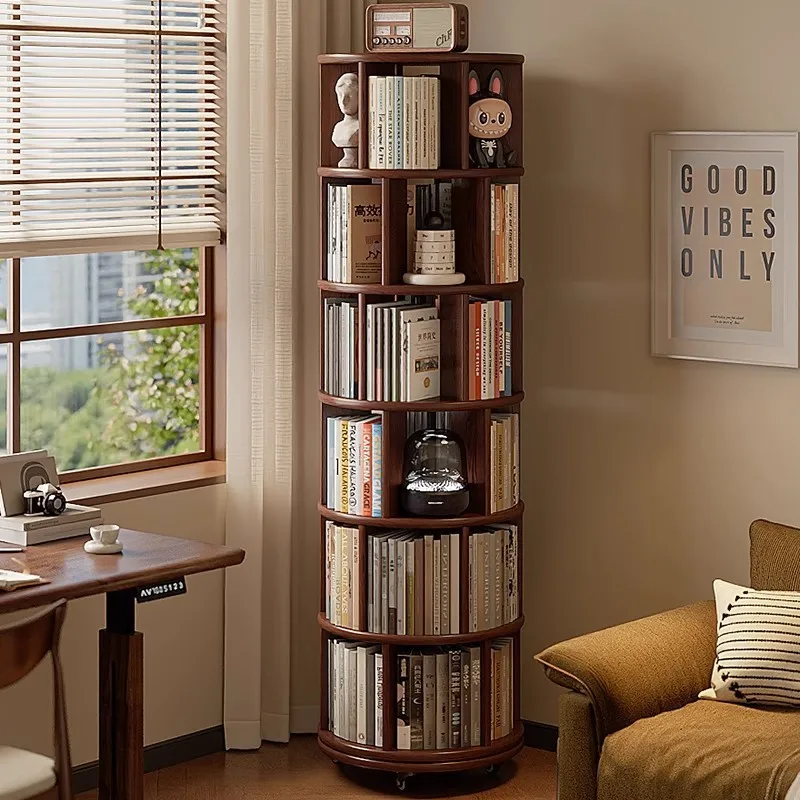 Toda a estante giratória de madeira maciça estante de 360 graus integrada contra a parede móvel casa sala de estar canto do chão