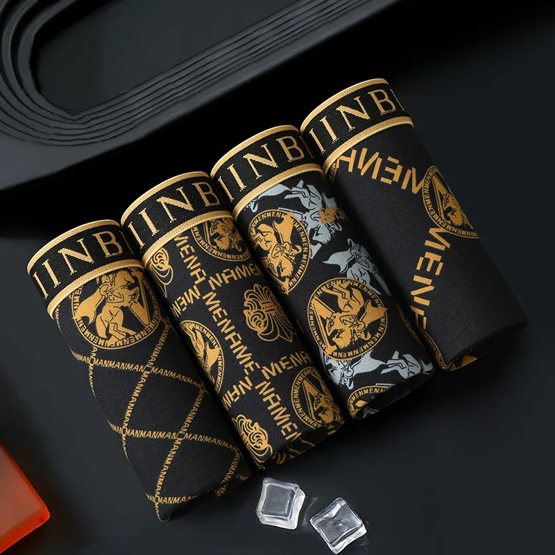 8pcs/set Luxury Golden Black Gold Men Underwear Trend-Print Boxer Short Stylish Men Underpant Antibacterial Breathable Men Boxer