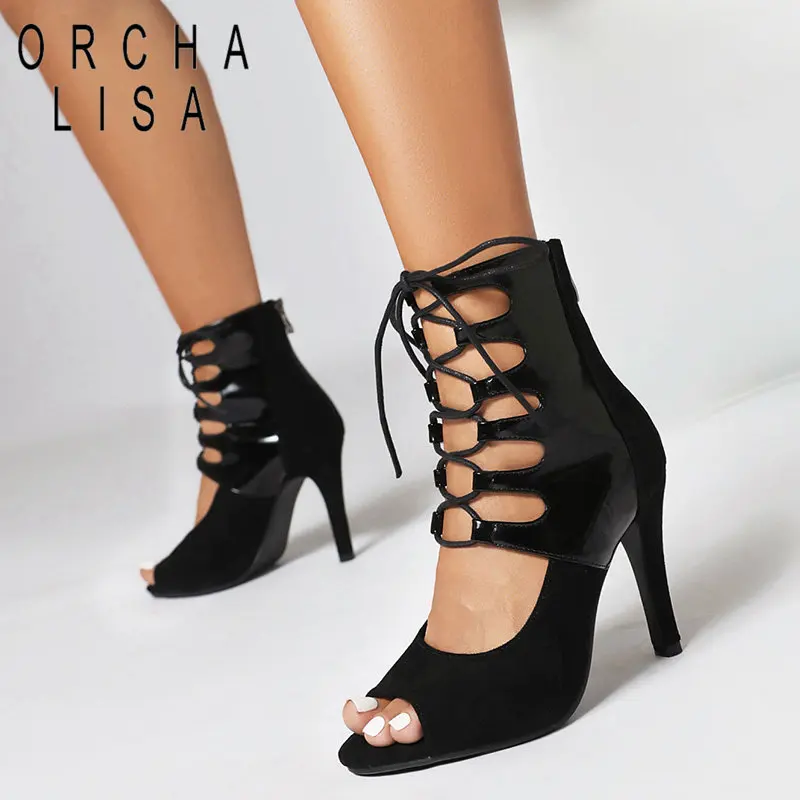 ORCHA LISA Latin Dancing Shoes Summer Sexy Dating Sandals Peep Toe Thin High Heels Flock Zipper Lace Big Size 44 45 46