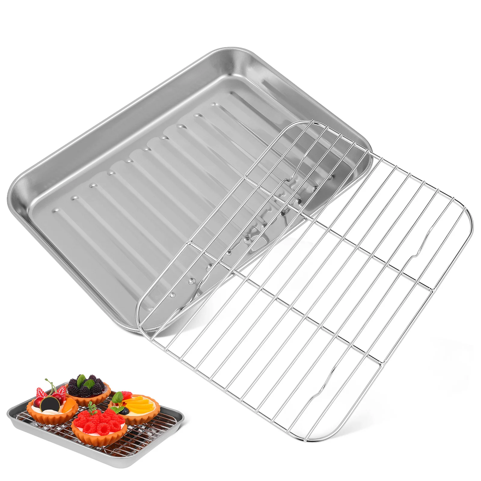 

2Sets Stainless Steel Baking Tray with Cooling Rack Multipurpose Oven Tray for Pizza Cookies and Meat Large Capacity