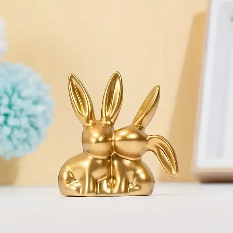1 Stück Sammlerfigur, Goldener Niedlicher Doppelhase als Dekorationsstück, Kreatives Dekorationsobjekt für den Schreibtisch zu Hause.