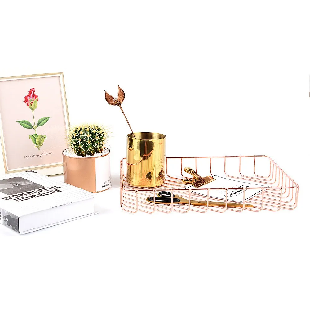 Multipurpose Nordic Danish Gold Wire Storage Basket A4 File Organizer Desktop Fruit Basket