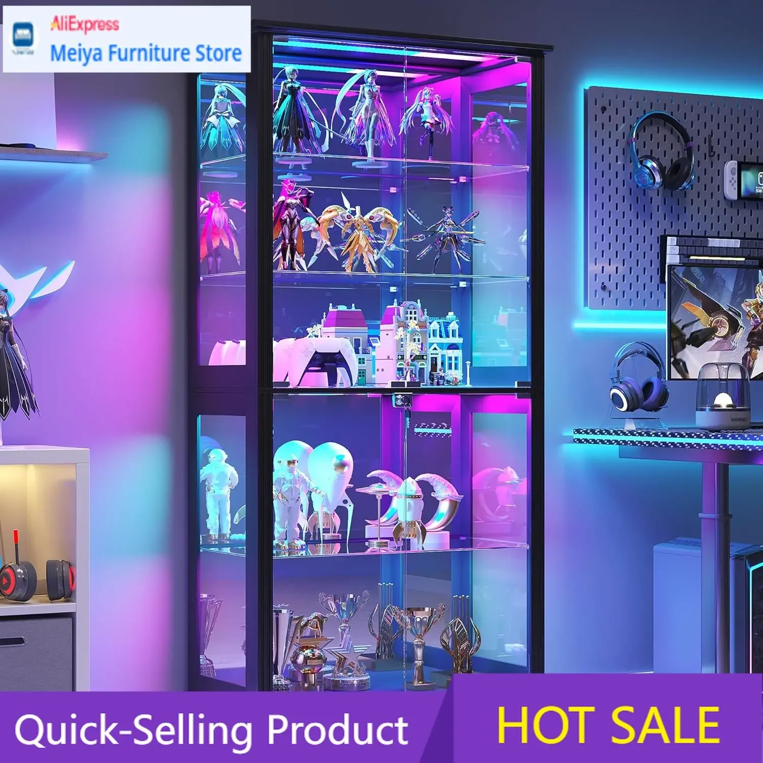 71 Inch Black Glass Display Cabinet With Doors RGB LED Lights Adjustable Shelf For Collectibles
