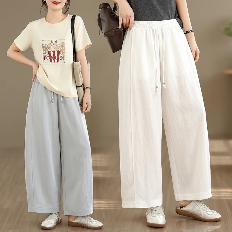 

New Cloud Wide Leg Pants Drawstring Loose Waist Thin Style Casual Japanese Style plus Size Women's Elastic Waist Cotton Linen