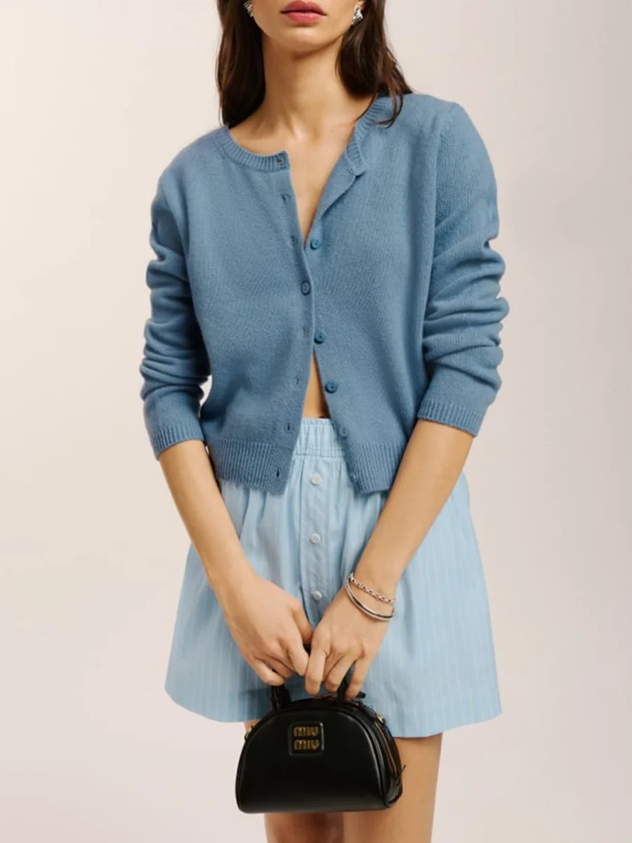 Women Knitted Cardigan Fall Spring Solid Color Long Sleeve Sweater Button-Down Casual Soft Knit Coat Knitwear for Daily Life Y2K