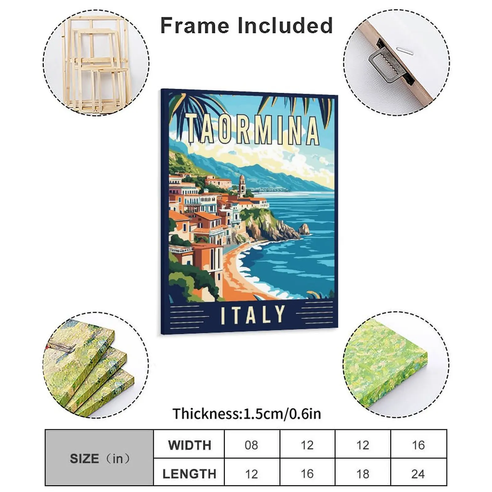 Vintage Taormina Sicily Italy Travel Poster Canvas Painting Rusty Home Garage Customize Taormina Framed Wall Painting