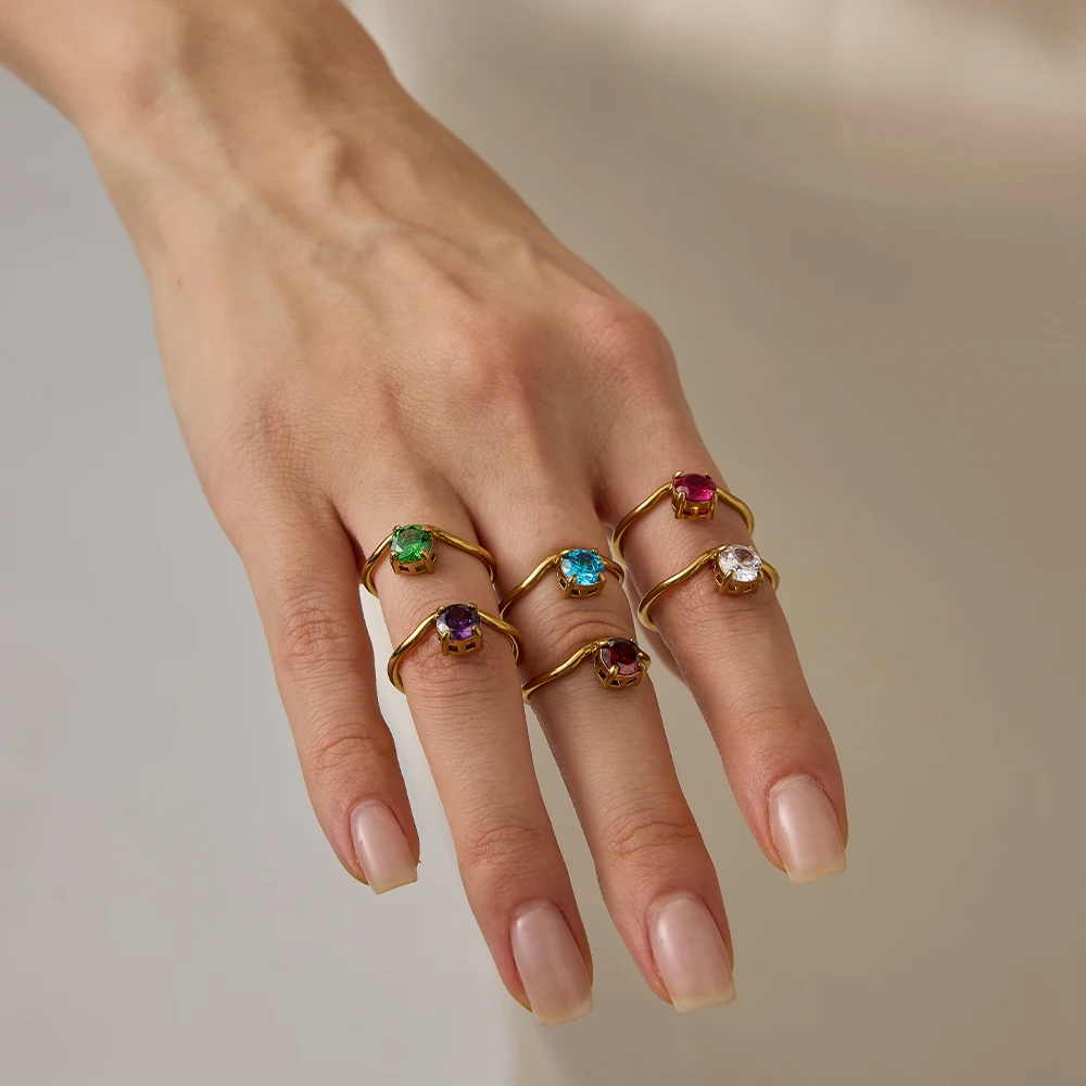 eManco Fashion Bling Colorful Cubic Zirconia Thin Women\'s Ring Waterproof Stainless Steel Trendy Exquisite Finger Jewelry