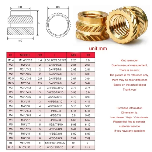 Imagen 2 del producto Tuerca de inserción térmica de latón, doble sarga moleteada, moldeo por inyección, tuercas de fusión en caliente, caja de plástico de impresora 3d M2 M2.5 M3 M4 M5 M6 M8 M10