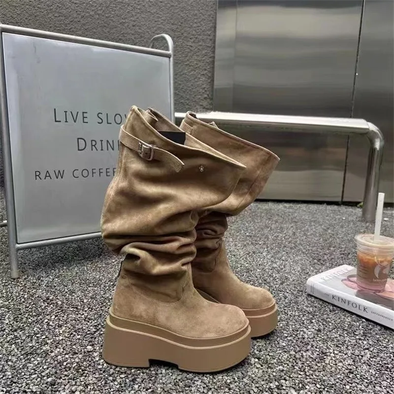 New Women's Suede Platform Knee High Boots 2026 Autumn Winter Gothic Chunky Heel Slouchy Combat Boots Thick Sole for Small Feet - view 6