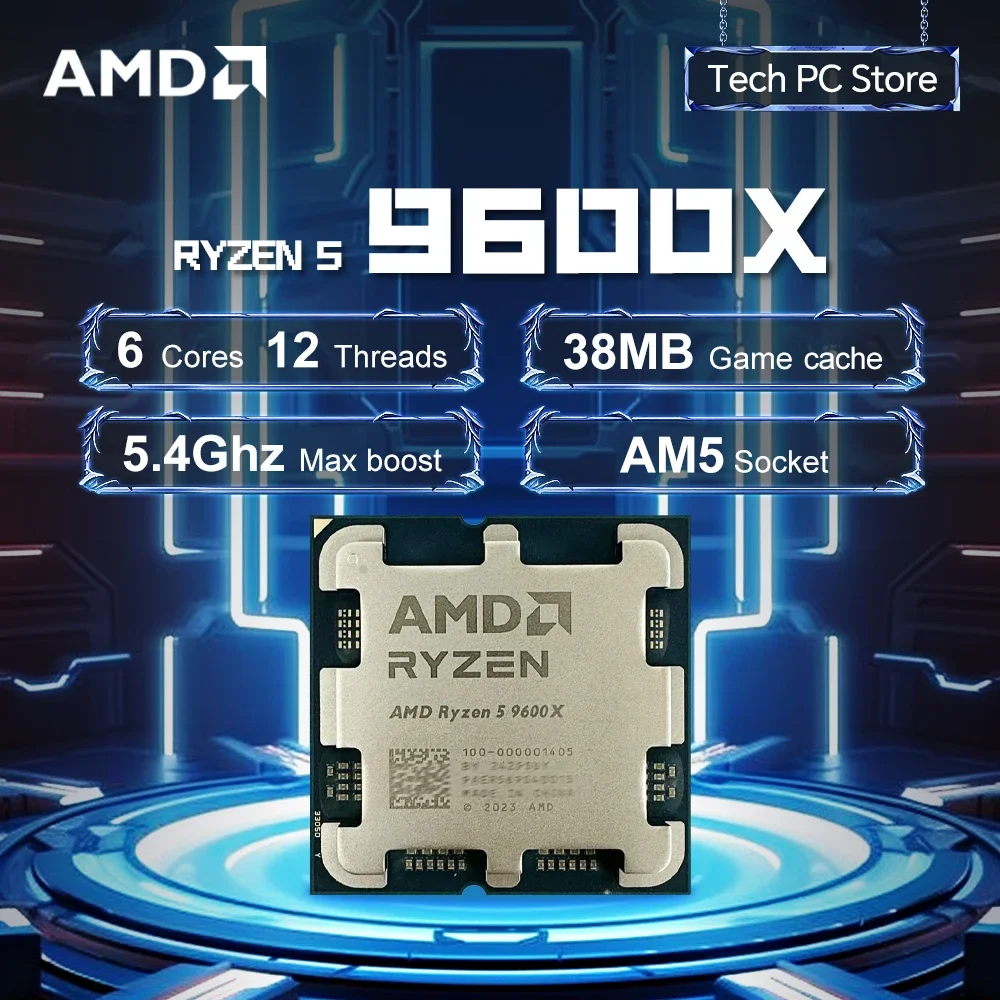 

Процессор AMD Ryzen 5 9600X, 5,4 ГГц, 65 Вт, 6 ядер, 12 потоков, L3 = 32 м, R5, 9600X, разъем AM5 4NM DDR5, новый, без вентилятора