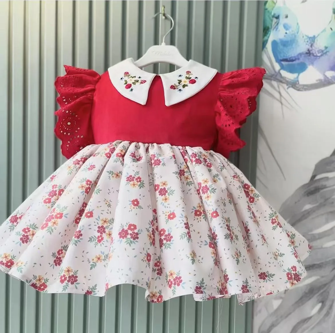 0-12Y Baby Girl Handmade Flower Embroidery Red Floral Vintage Princess Dress for Christmas Holiday Photography  B125