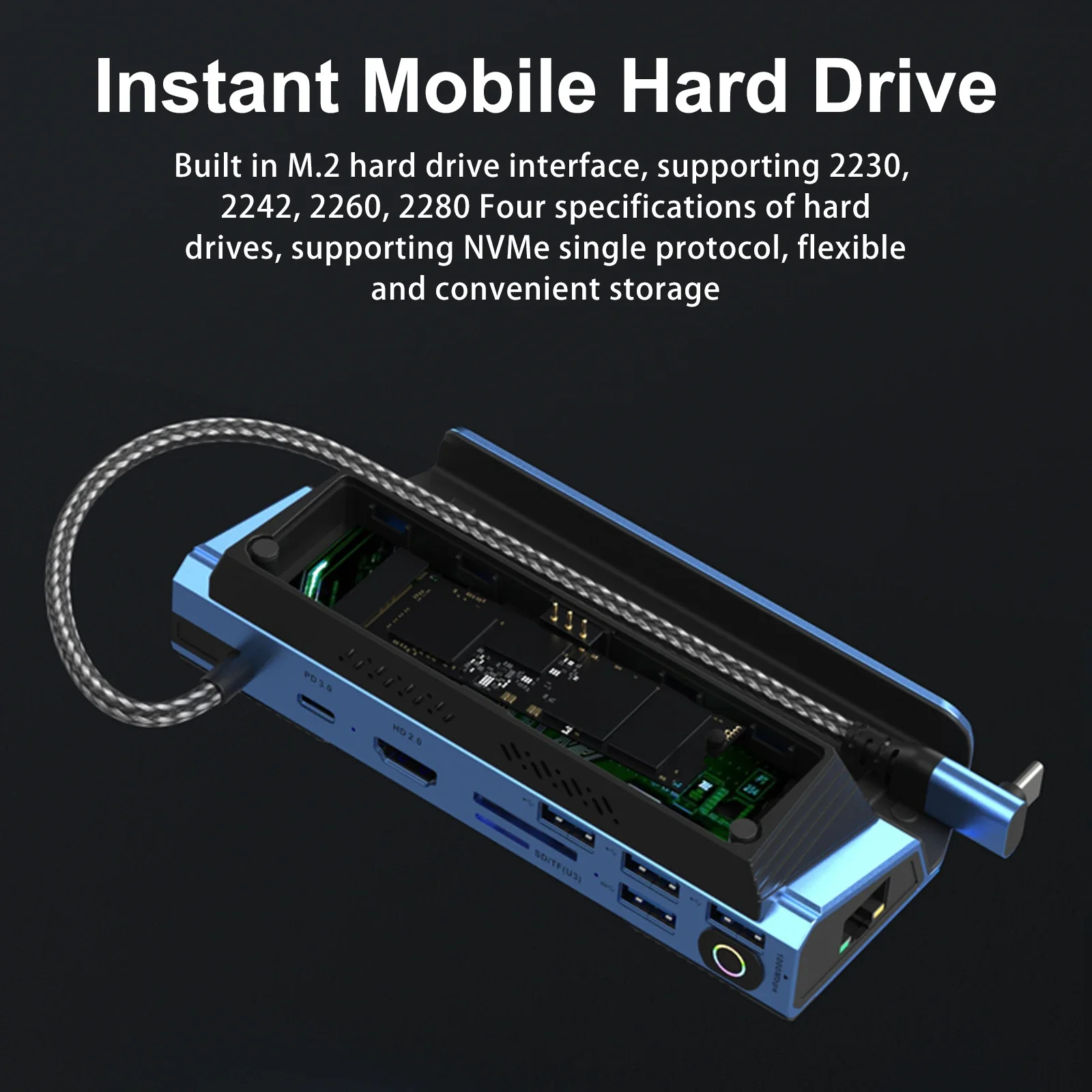 10-in-1 Type-c Game Docking Station for Steam DeckROG Ally/Switch M.2 PCie nvme Hard Disk Box,USB C HUB 4K60HZ Dual Fan Cooling