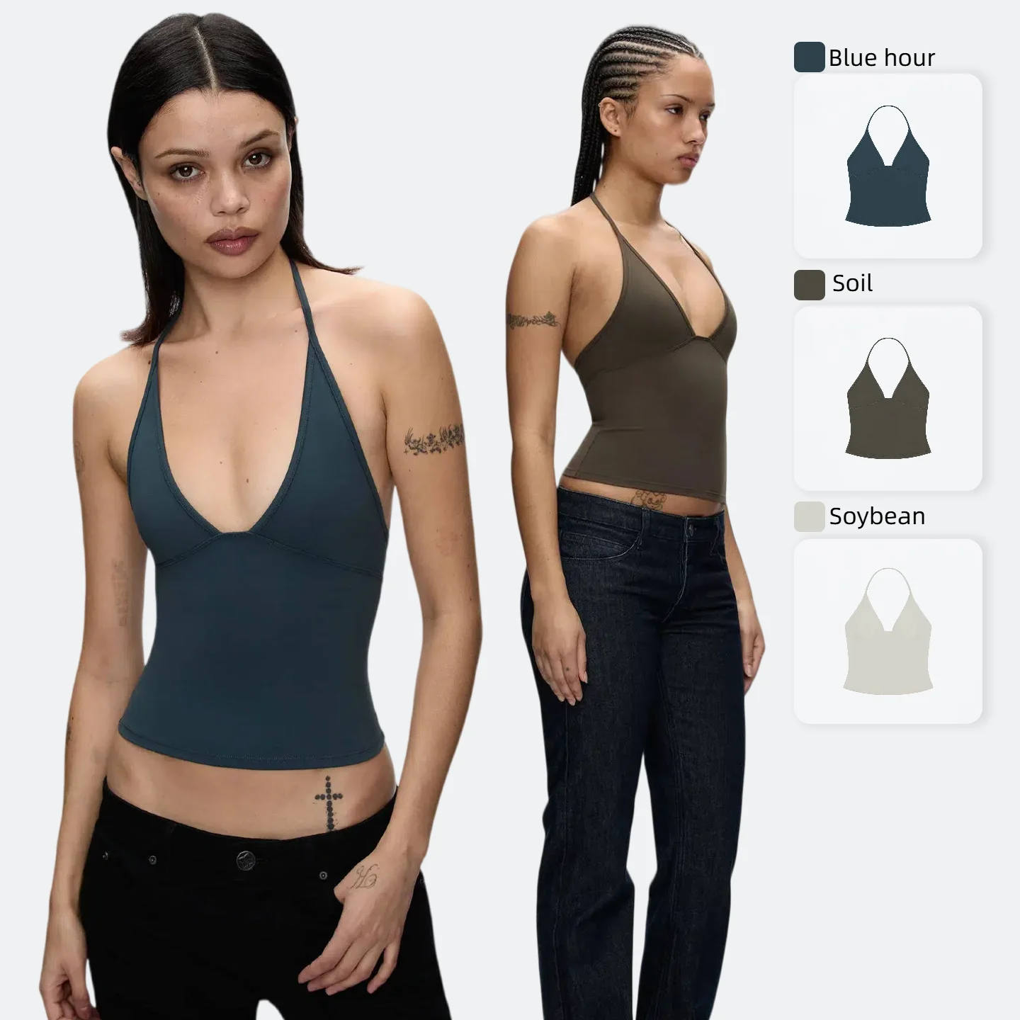 Tank Triangle Cup Halter Neck Top, Soybean Color, Brown, Deep V-Neck, Backless Top