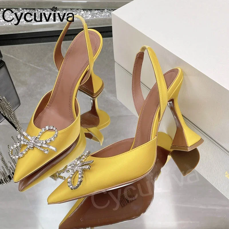 Populaire Satijnen Hoge Hak Pompen Vrouwen Kristal Strik Designer Schoenen Elegante Punt Teen Kantoor Slingback Dames Sandalen