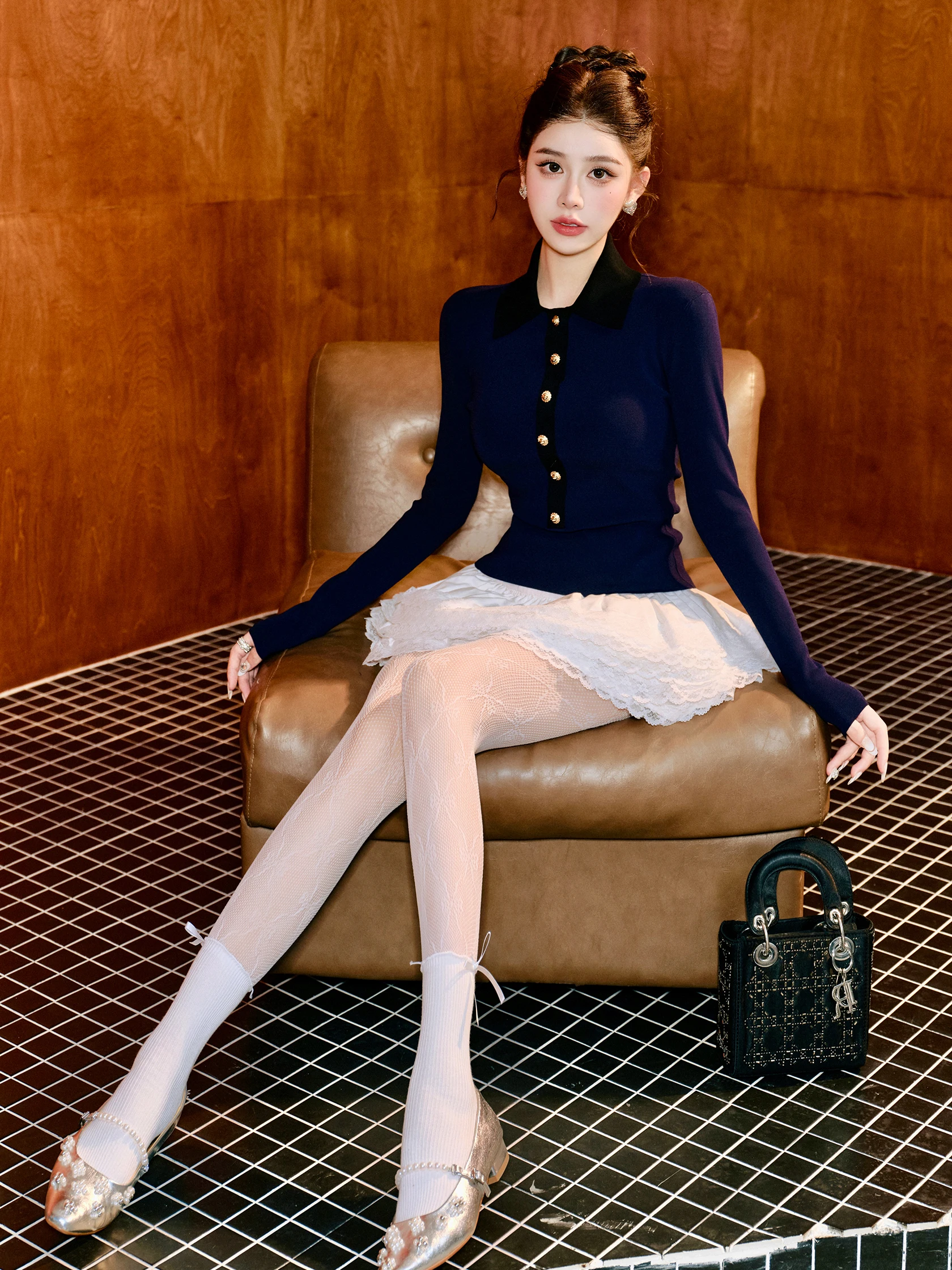 

Вязаная базовая футболка Org Iris Miu Series с отложным воротником, цветными блоками, приталенного кроя, для повседневной носки, дышащая, с длинными рукавами