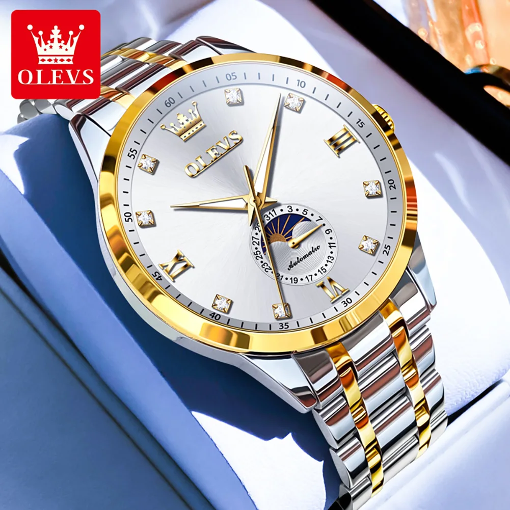 

Часы OLEVS 7041, мужские часы с ромбовидной шкалой, автоматические механические мужские часы с календарем фаз Луны, водонепроницаемые светящиеся мужские ручные часы