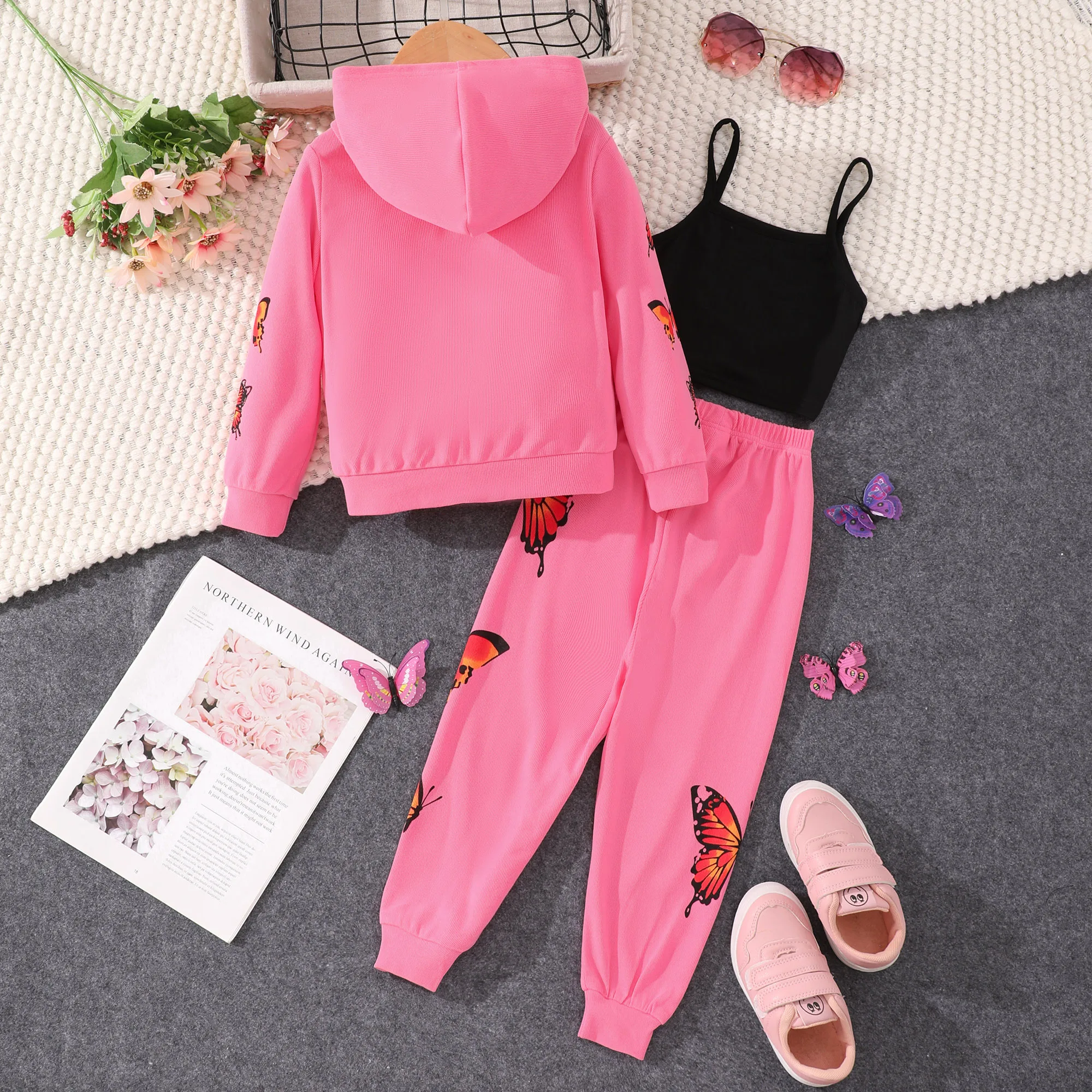 Autumn Sport Kids Girl Clothes Set 2 Piece Cotton Butterfly Long Sleeve Hoodie + Pants Winter Children Suit 3 4 5 6 7 Years