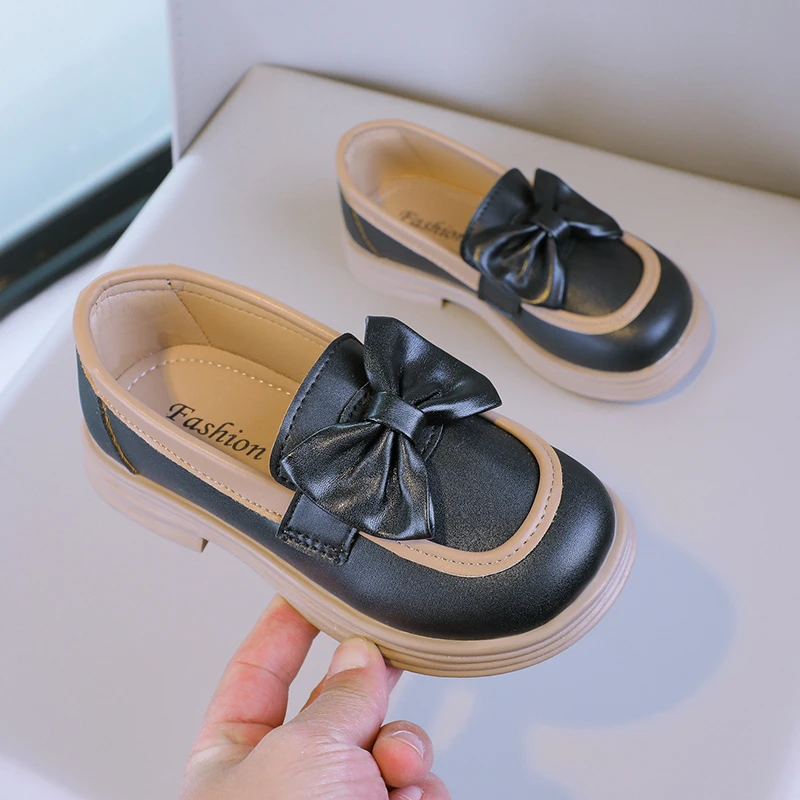 2024 New Girls Loafers Cute Bow Fashion Kids Leather Shoes Slip-on Bow Non-slip Children Casual Shoes Drop Shipping Round-toe