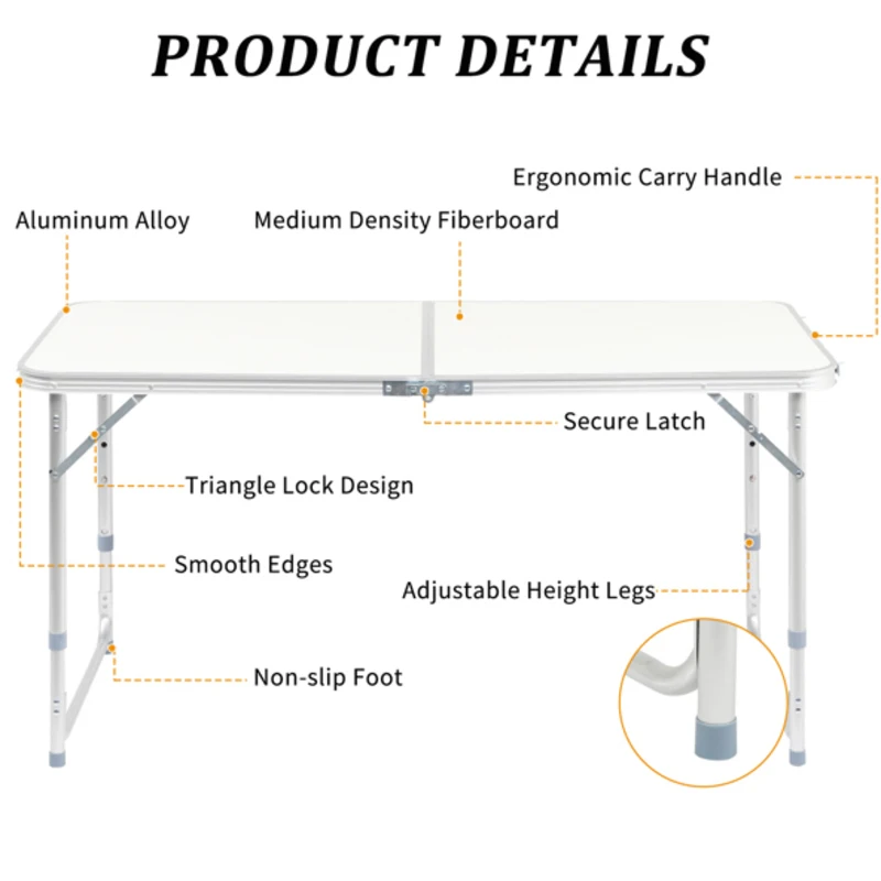 4-футовый белый портативный складной стол с регулируемой высотой, многоцелевой для кемпинга, пикников, вечеринок, дизайн алюминиевой и деревянной доски