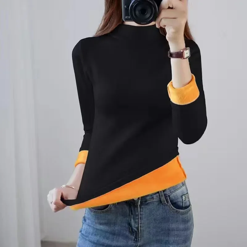 

Shirt Fleece Women's Thermal Wool Female Tops One-Piece 2023 Collar Mid-High Thick Bottoming Velvet Underwear Winter Wear Warm