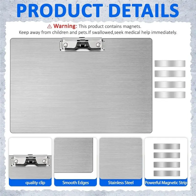 ABZW Stainless Steel A4 Letter Size Magnetic Clipboards Document Holders For Office Fridge Cooking Recipe Splints B
