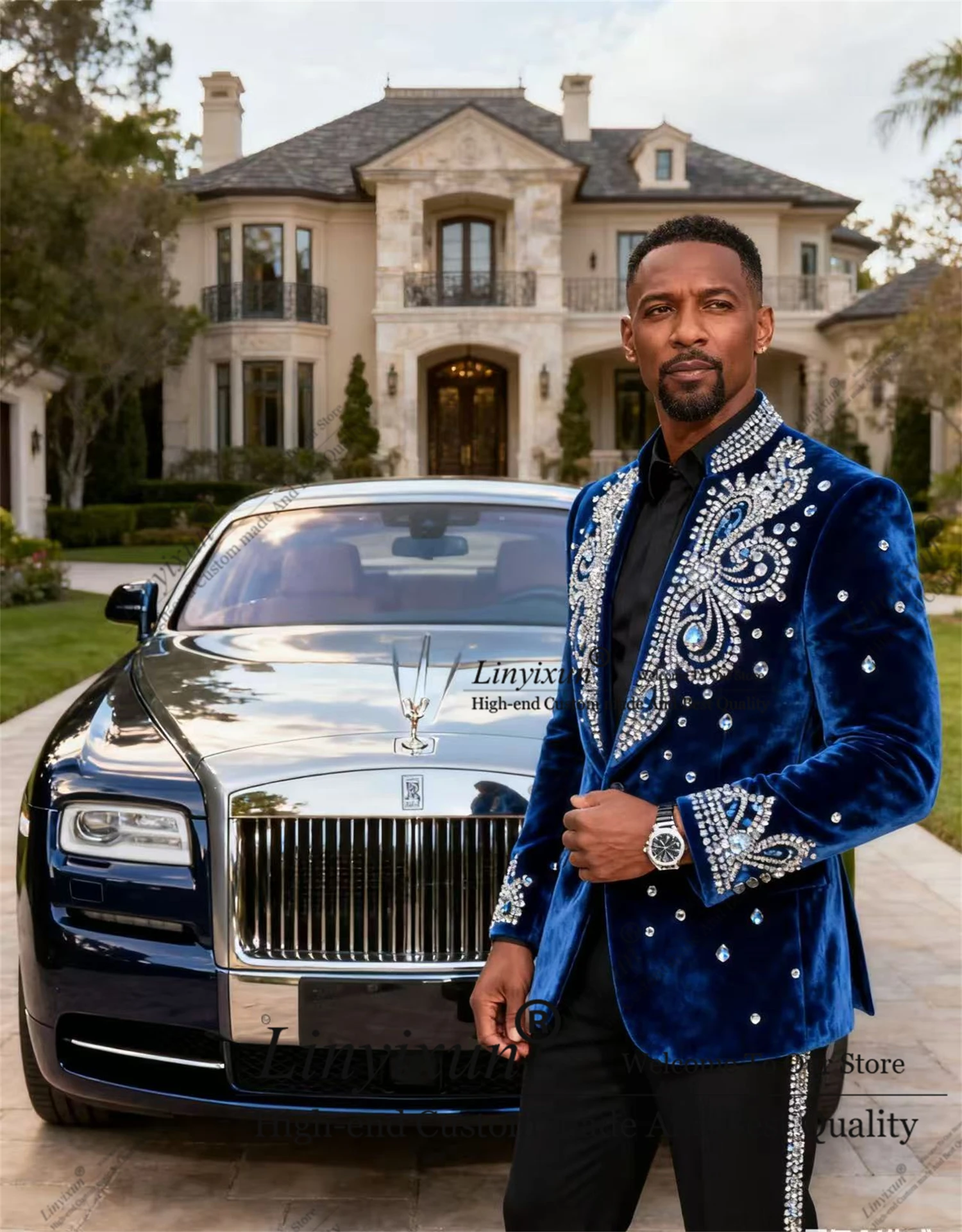 

Unique design Gem Crystals Men Suit Customized Peaked Lapel Wedding Tuxedos 2 Pieces Groom Male Blazers Slim Fit Ropa hombre