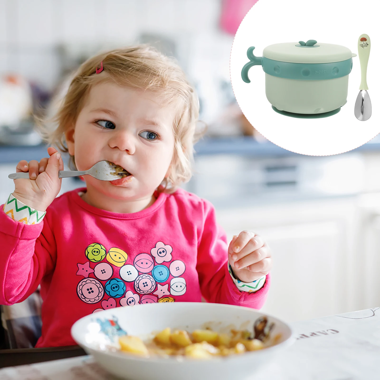 

Practical Insulation Baby Bowl Warm Stainless Steel Green Detachable Design Easy Cleaning Durable Safety Kids Feeding Bowls