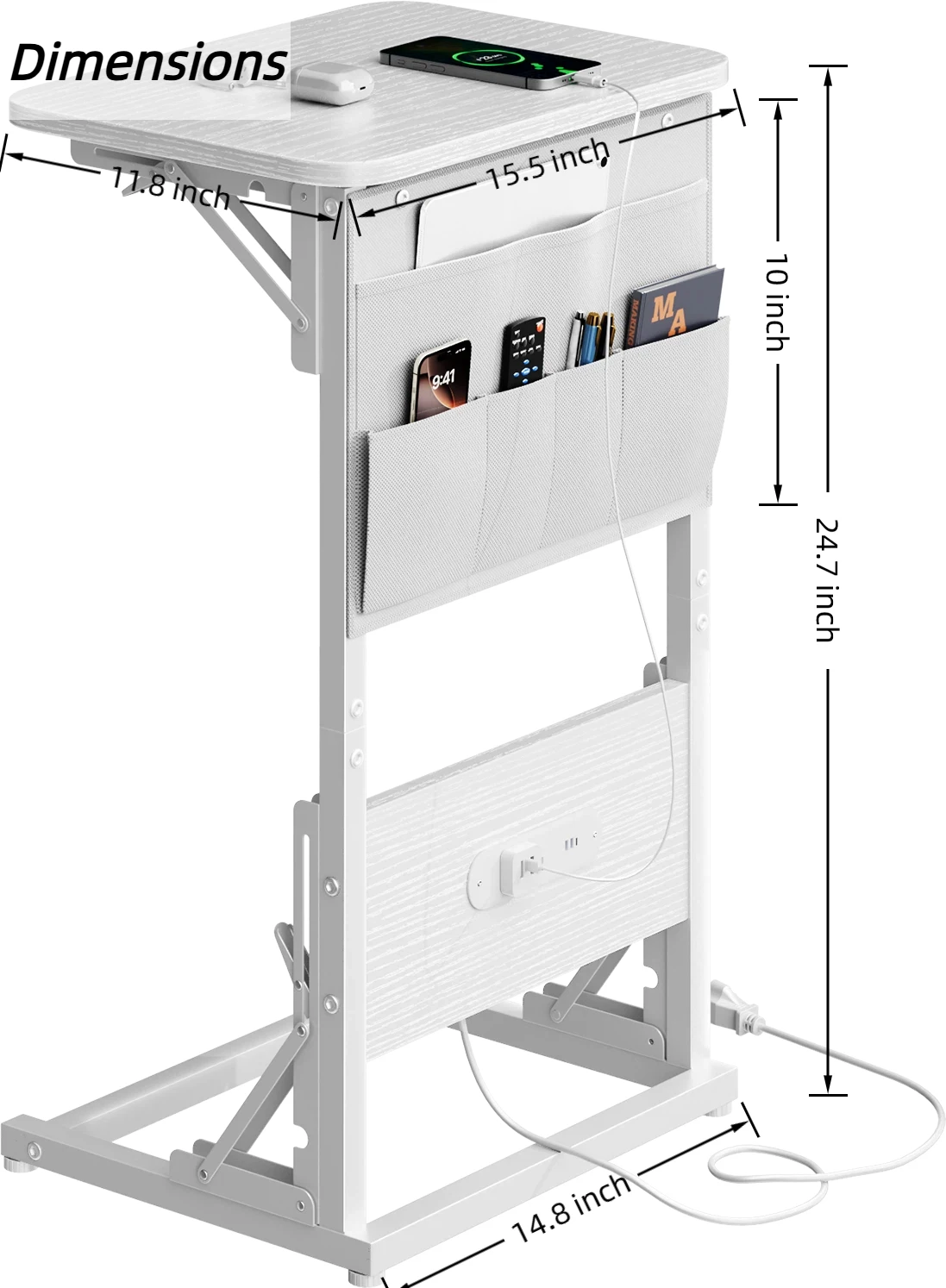 FRODROVIA Folding Side Table with Builtin Power Outlet, C Shaped End Table with Fabric Storage Pocket, Waterproof EasytoClean Tabletop, Adjustable Spiral Feet, Available in Black White Brown for So image 7