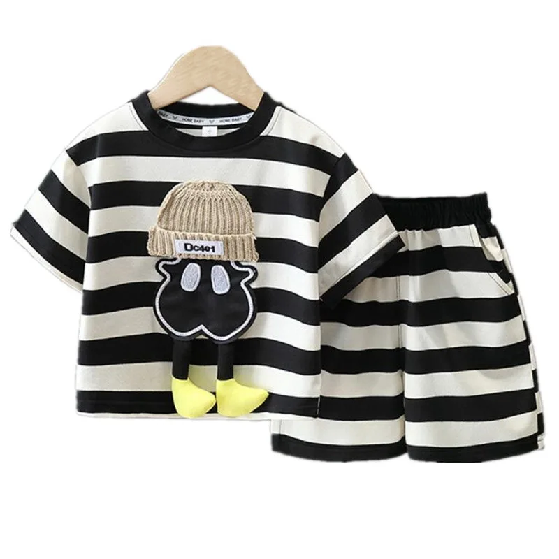 

Summer Boys Clothes Suits Fashion Kids Striped Cartoon T-shirt+Shorts 2PCS/Set Children's Vacation Sets Casual Teen Outfit 2-11Y