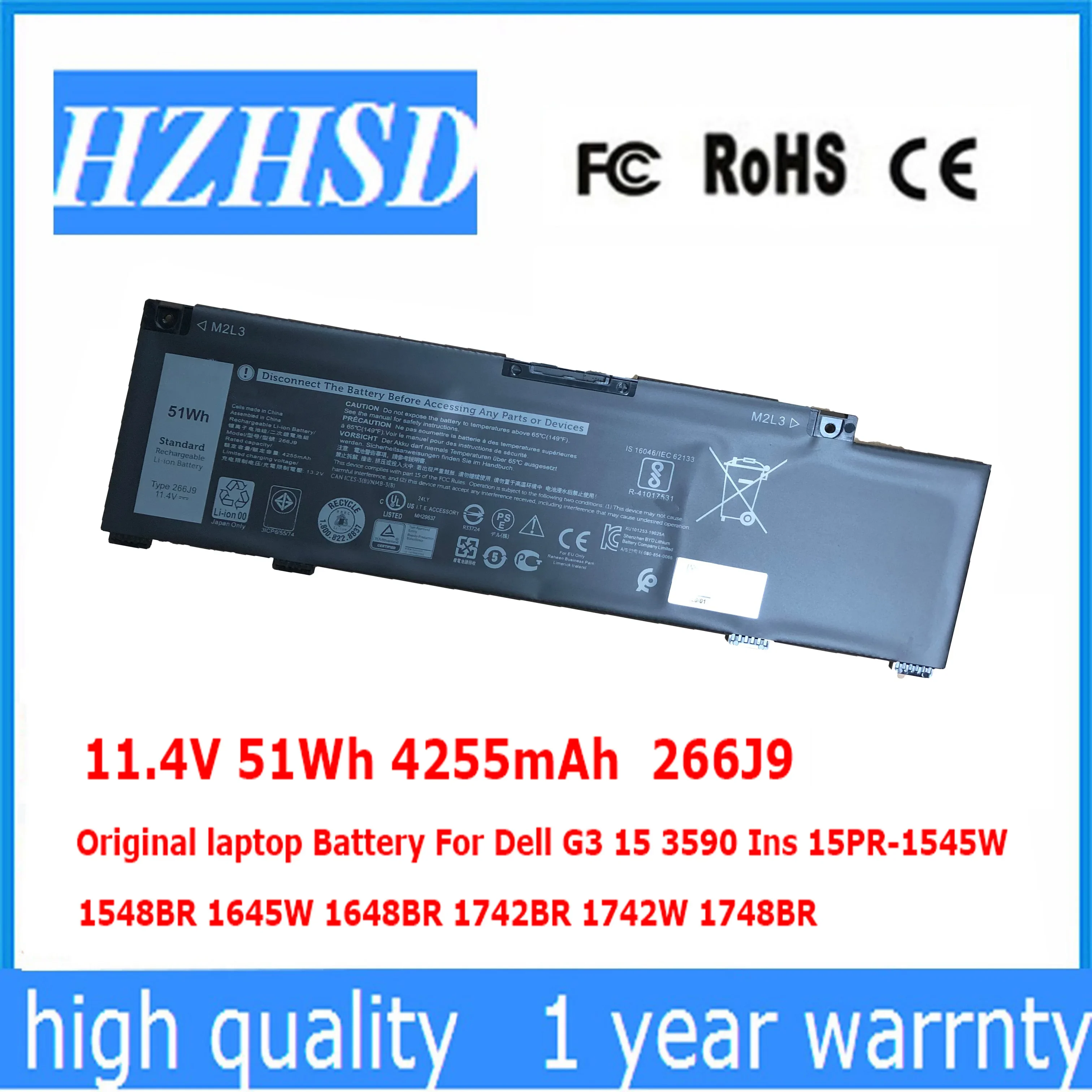 

11.4V 51Wh 4255mAh Original 266J9 laptop Battery For Dell G3 15 3590 Ins 15PR-1545W 1548BR 1645W 1648BR 1742BR 1742W 1748BR