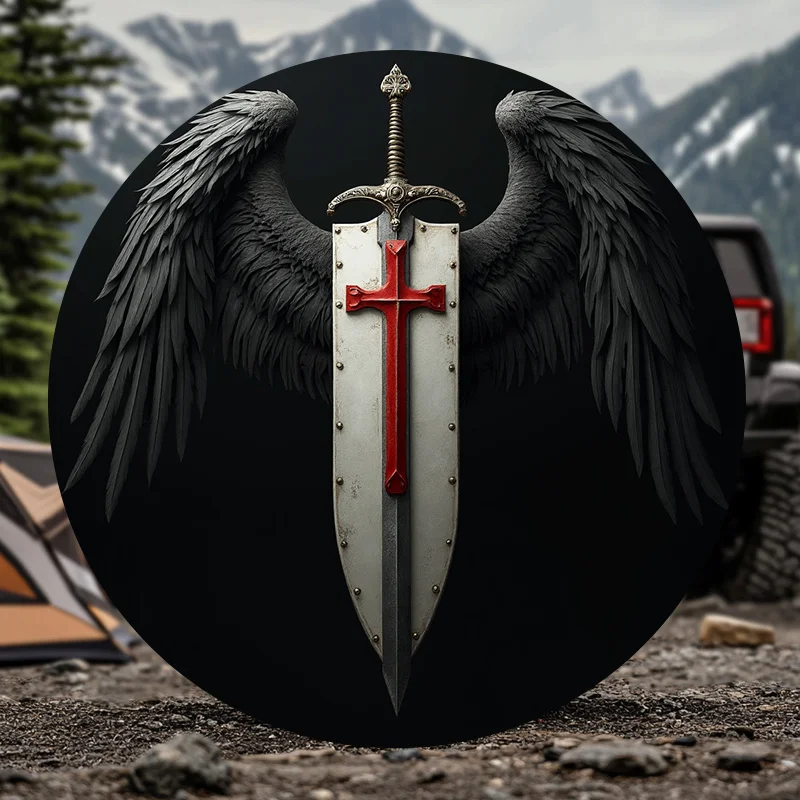 1pc Car Spare Tire Cover, Featuring A Domineering Black Winged Knight Shield With Red Cross Sword Emblem, A Trendy Design That S